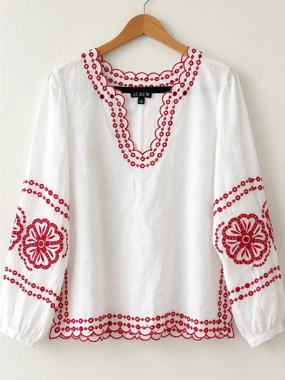 J.Crew Bungalow Embroidered Linen Top Small White Red Floral Scallop BR741